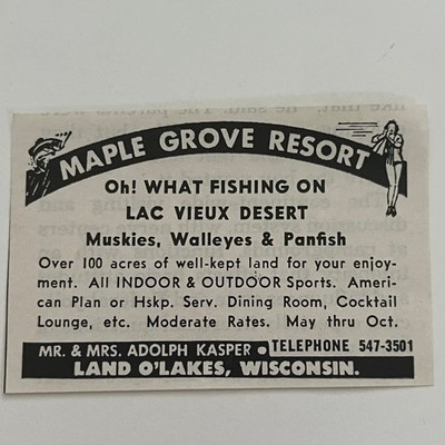 Maple Grove Resort Mr. Adolph Kasper Land O'Lakes WI 1965 Magazine Ad SAH1-S36