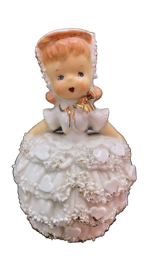 VTG MC Girl Bell Figurine - All-White & Gold - Spaghetti Lace Heart 4.5"