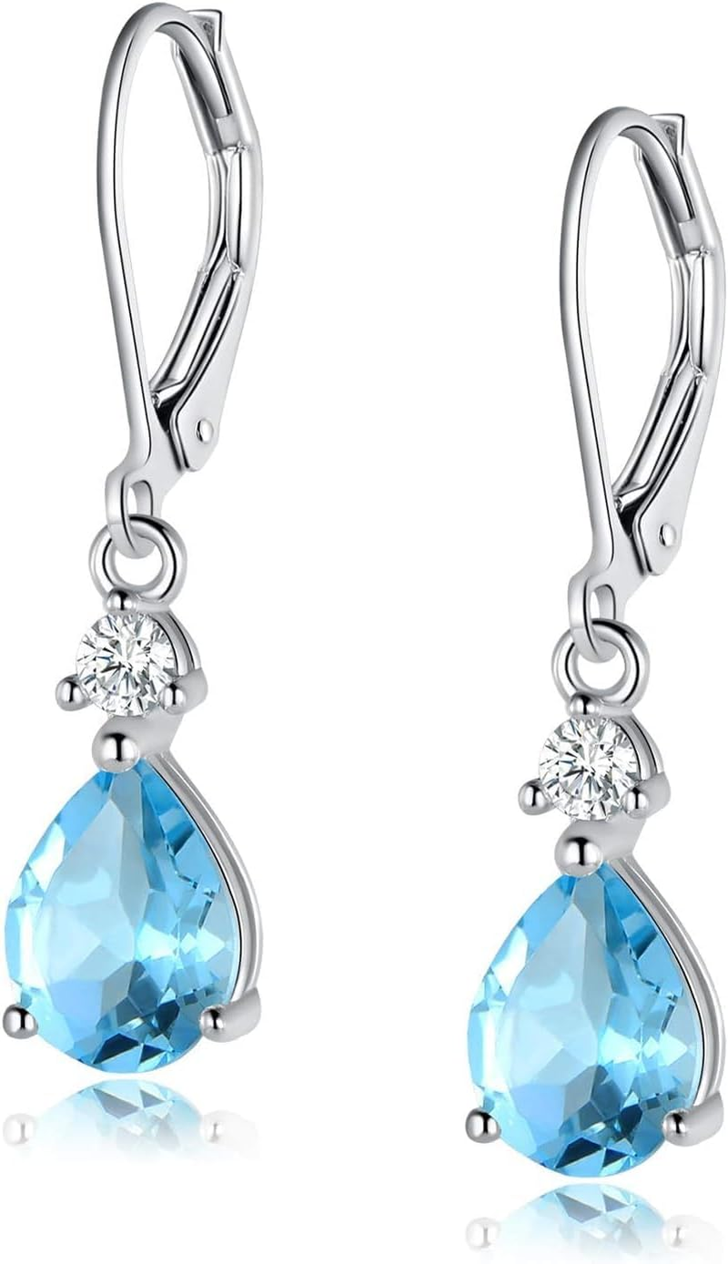 Sterling Silver Earrings Blue Topaz Teardrop Earring Drop Dangly Hypoallergenic