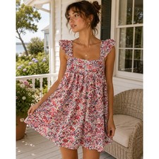 Floral Ruffle Mini Dress Boho Coastal Cottagecore Summer Beachy Resort Chic Sz S