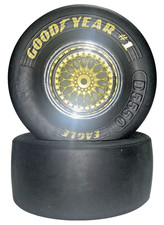 Rc 110 Plastic 12mm Hex Rims 6mm Neg. Offset With Goodyear Belted Drag Slicks