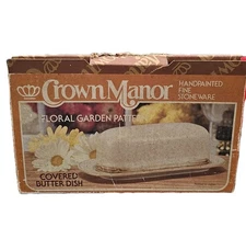 Crown Manor Covered Butter Dish NOS Handpainted Fine Stoneware Floral Garden New