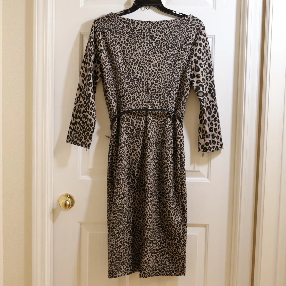 READ Max Mara leopard virgin wool V-neck long sleeve leather belted dress 6 / M - Image 2 of 4