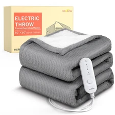 LuxeHeat Heated Blanket Throw, Soft Flannel Sherpa, Electric Blanket 5 Heat S...