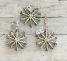 Snowflake Christmas Ornaments Rustic Holiday Decor Logs Wood Look Resin Set Of 3