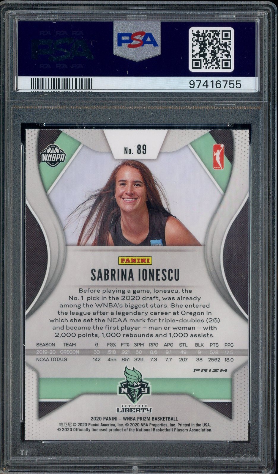 2020 Panini Prizm WNBA Ruby Wave #89 Sabrina Ionescu RC Rookie PSA 9 view 2