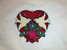 Vtg 70s Plastic Stained Glass Style Suncatcher Doves Hearts Flowers 4.75"
