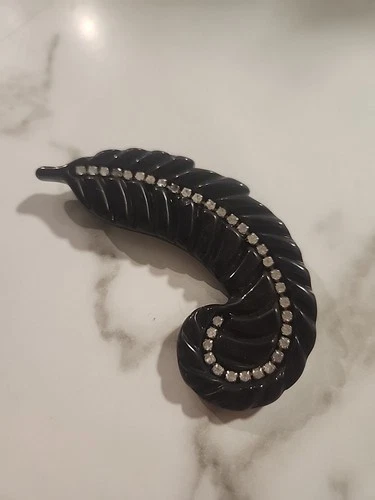 Vintage Black Leaf Feather Brooch With White Rhinestones Costume Jewelry Plastic