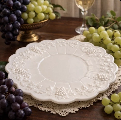 Vintage White Milk Glass Paneled Grape Scalloped Edge Serving Plate 15”