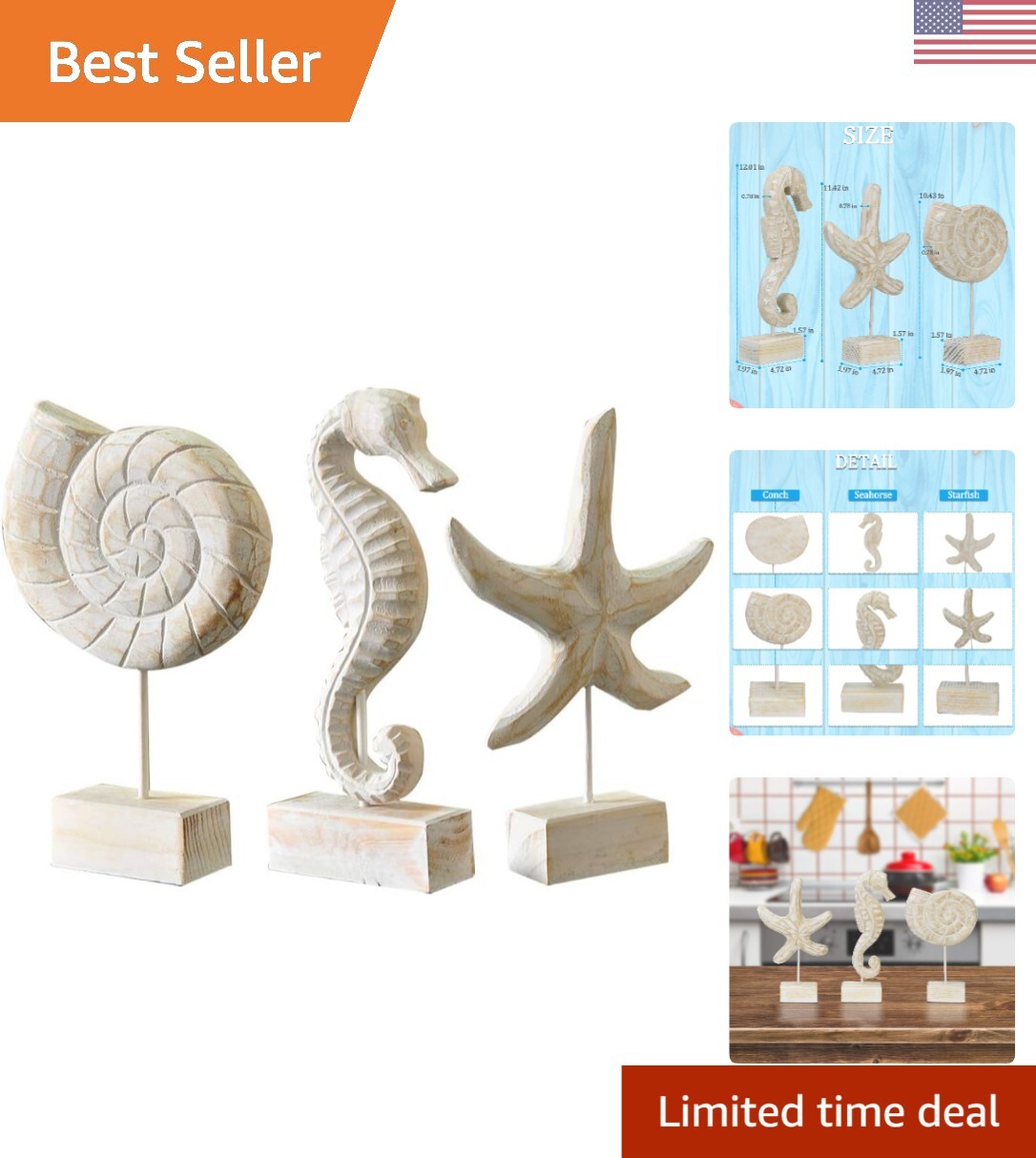3pcs Wood Handmade Beach Nautical Style Figurines Starfish/Conch/Seahorse Sta...