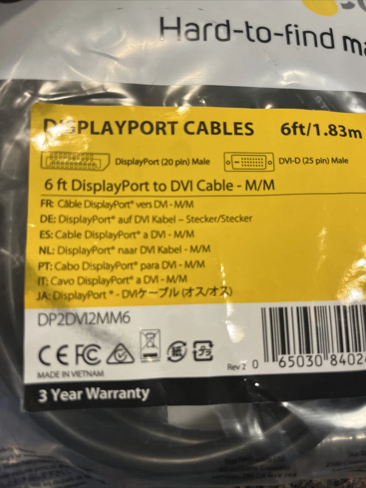 STARTECH MINI DISPLAYPORT TO DVI-D 6' MALE TO MALE CABLE MDP2DVIMM6 NEW 6’ New - Image 2 of 4
