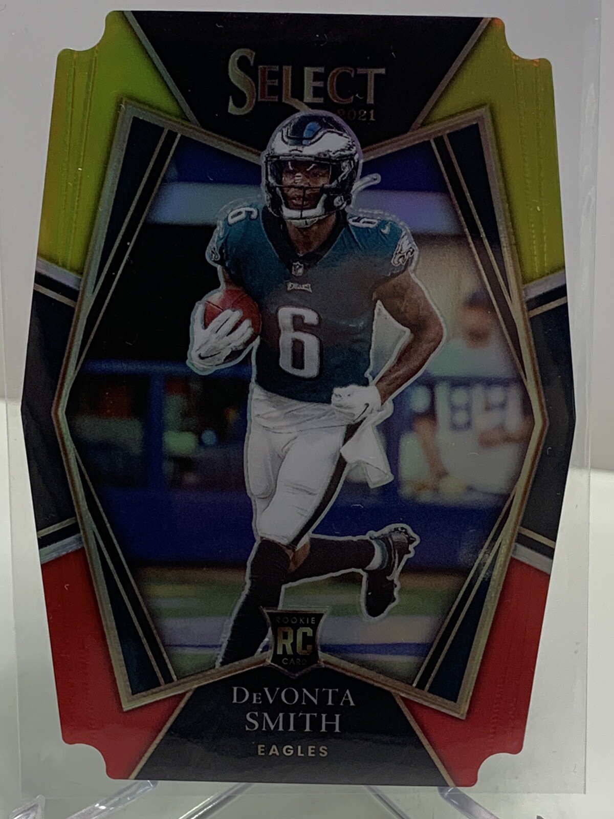 2021 Select Devonta Smith Yellow Red Prizm Die Cut Premier Level RC #149 Eagles