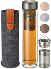 Teeflasche Glas Anthrazit  mit Sieb Edelstahl Tee Trinkflasche Thermo Bereiter