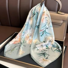 100% Silk Square Scarf Women Light Blue Flower Kerchief Headscarf Tied 68*68cm