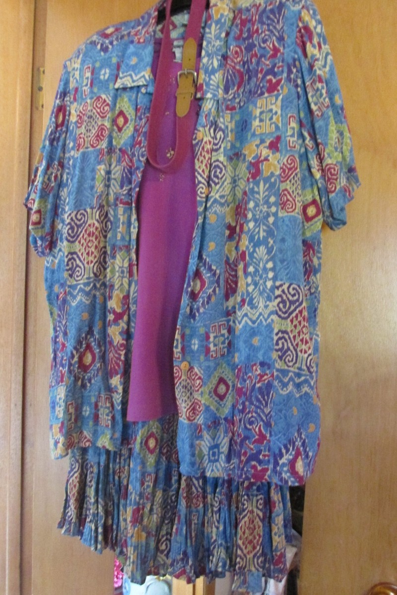 Vtg Koret City Blues boho blue & purple batik crinkle cloth midi