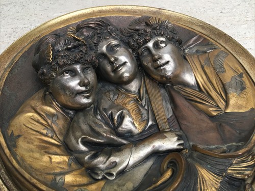 Antikes Hochrelief Rund Wandrelief Drei Geisha Frauen Messing Metall Viktorianisch - Bild 3 von 12