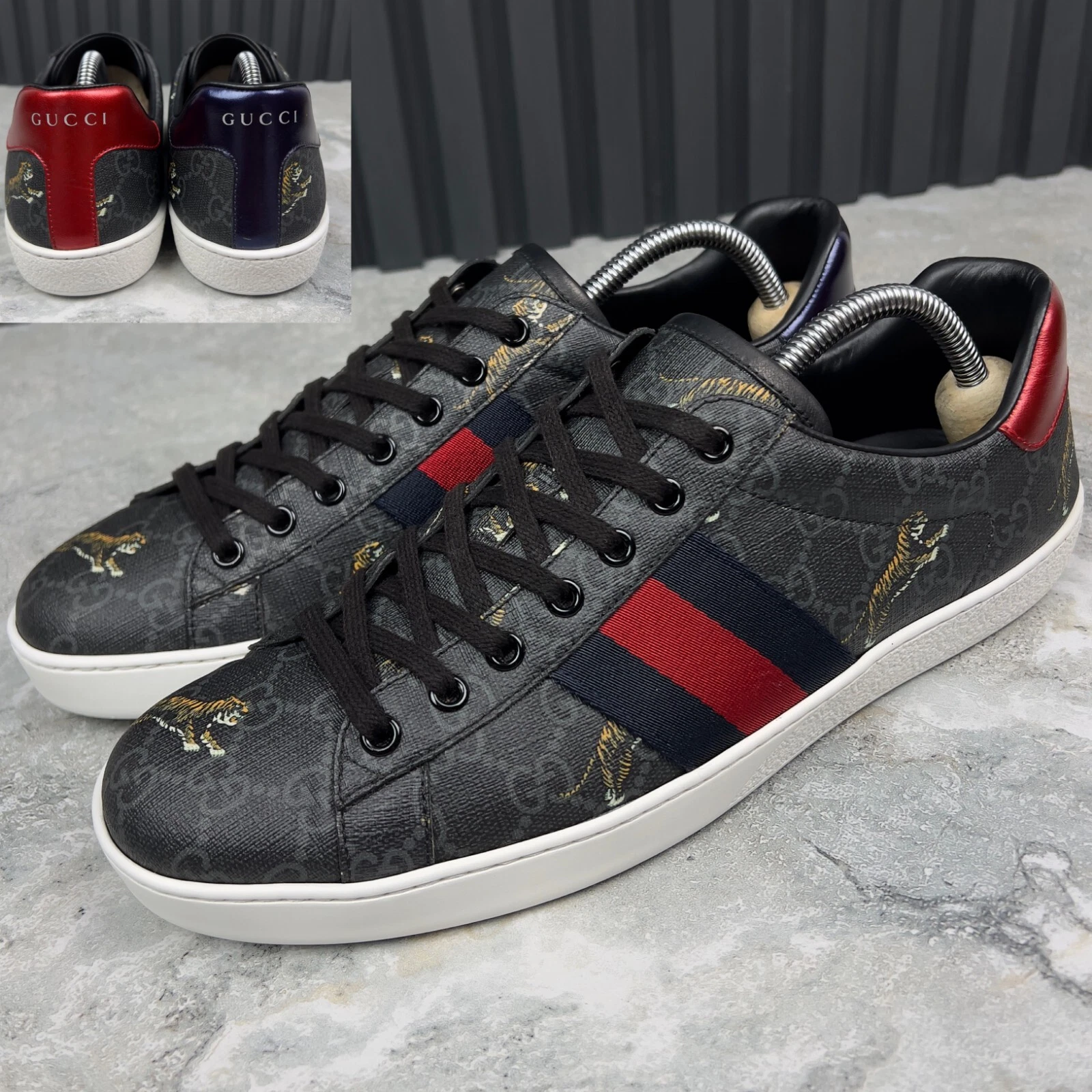 GUCCI Ace Web GG Supreme Monogramme Tigre Toile Cuir Gris 9 G ou 9,5 US
