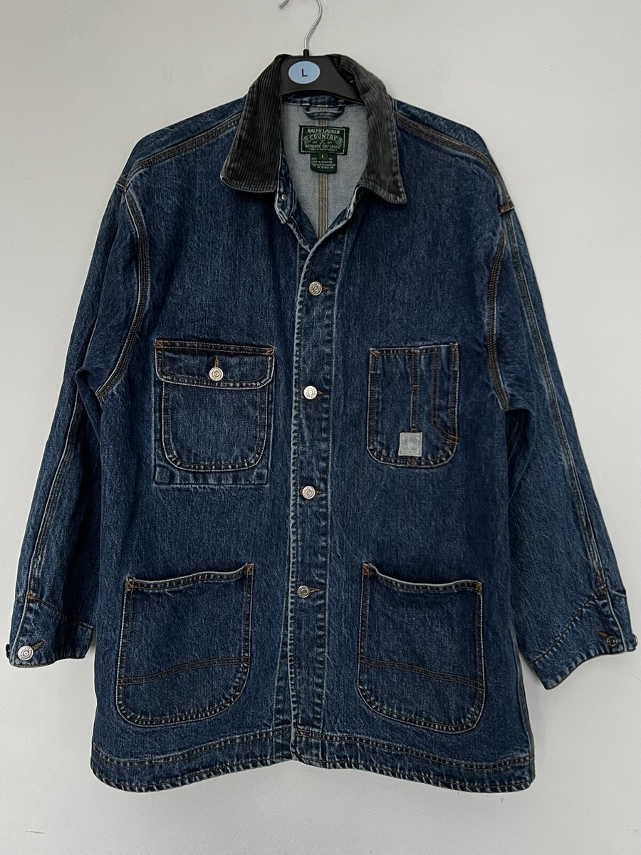 Mens Vintage 90s Ralph Lauren Country Blue Denim Chore Jacket Cord