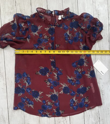 Kensie Sz XS Mulberry Floral Short Sleeve Top Blouse Burgundy - Picture 5 of 9
