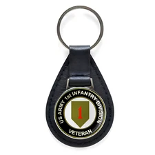 U.S. Army 1st Infantry Division Black Leather Keychain Silver Keyring