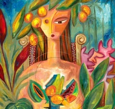 Woman Figurative Art Trees Leaves Fruit Blues Greens Landscape Art SFASTUDIO