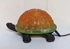 Vintage Amber Green Tiffany Style Glass & Brass Turtle Table Accent/Night Light