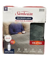 Sunbeam, Microplush, Heated Blanket, Twin, Gray, 62" x 84", 12 Settings, NEW