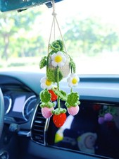 Crochet Strawberry Daisy, Car Mirror Hanging, Succulent Charm, Gift