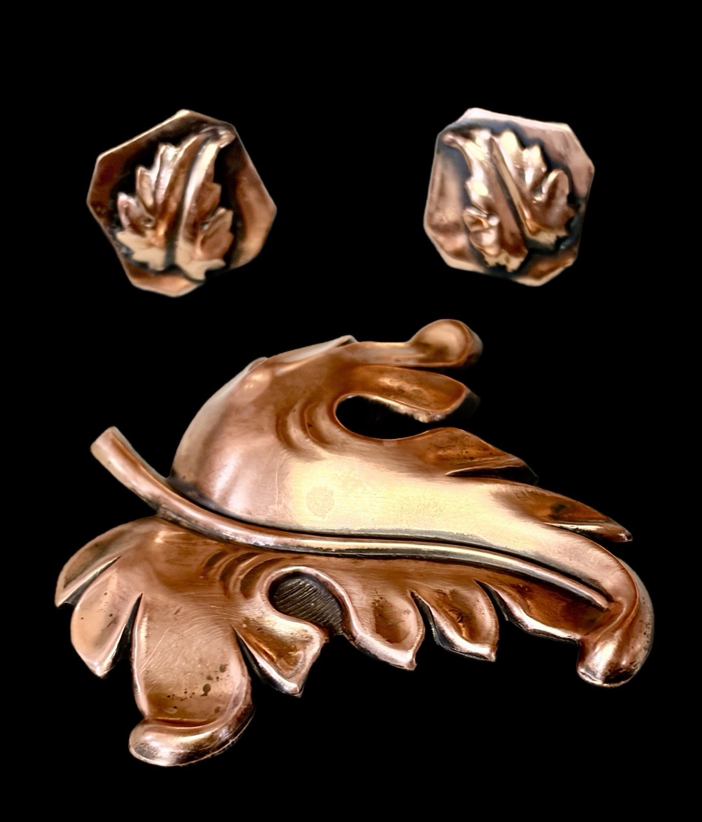 Vintage Solid Copper Large Leaf Brooch & Matching… - image 1