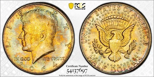 1964 Kennedy Half Dollar PCGS Gold Shield MS65 Rainbow Toned PQ