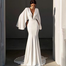 Deep V Neck Mermaid Wedding Dress Cape Flare Sleeves Fitted Satin Bridal Gown
