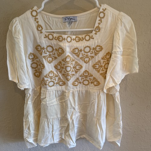 Polagram Women's SS Blouse-Ivory w/Tan embroidered designs-Size M