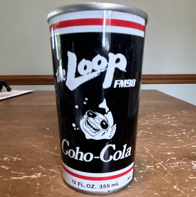 The Loop FM98 Coho-Cola Soda Can, Soda Theme, RARE, 12 fl oz, Black/White/Red