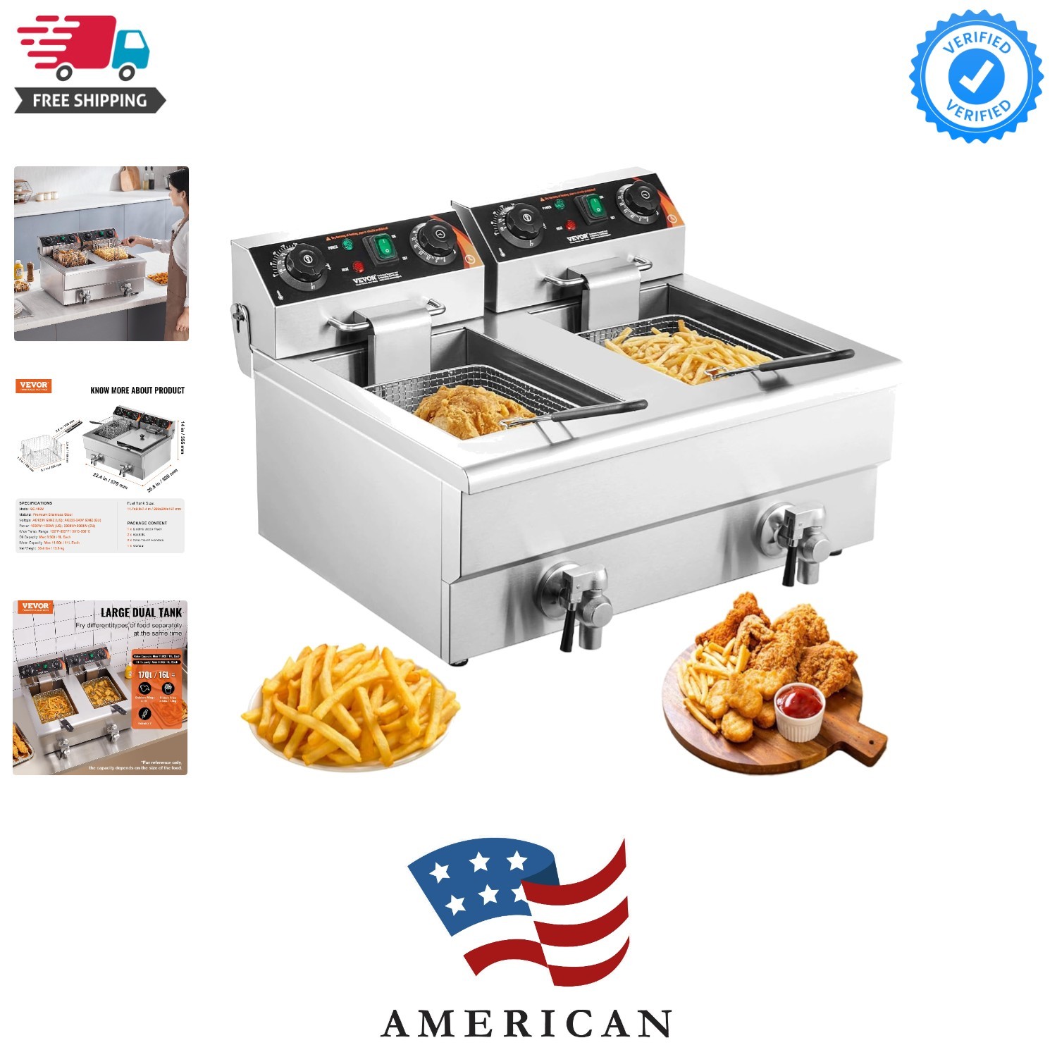 Commercial Deep Fryer, Dual Tank 3000W Electric Countertop F