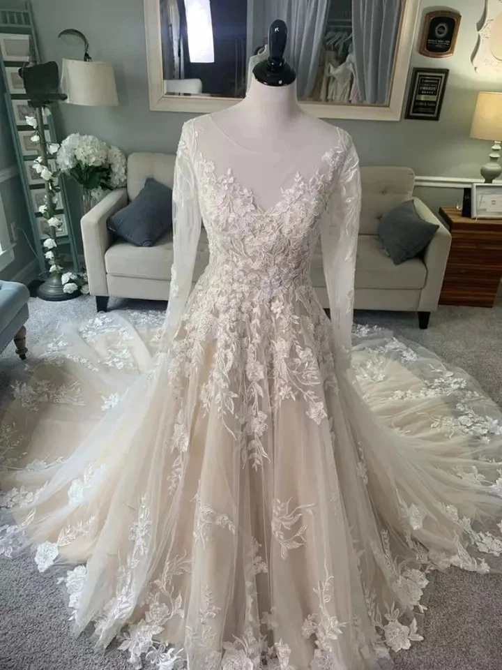 Шикарный трапециевидный свадебные платья v-образным вырезом длинные рукава кружева аппликации свадебные платья - Изображение 3 из 4