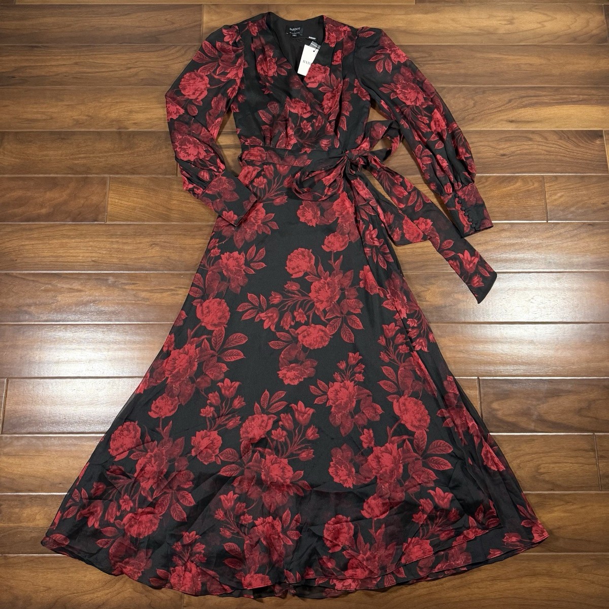 bardot lucianna maxi wrap dress Bardot Size US 2 / XS Red Black Floral Lucianna Wrap Maxi Dress Long Sleeve