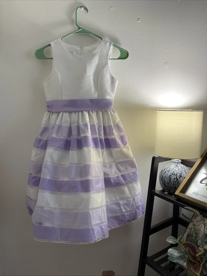 Vestido Princesa Americana Niñas Talla 12 Blanco Lavanda Rayas Fiesta Formal Lazo Foto 2 de 4