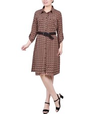 NY Collection Womens Paisley Pocket Shirtdress Brown Petites Size PM $52 SALE