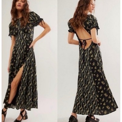 Free People Magdalena Maxi Dress Womens 10 Black Combo New Floral Open Back $198