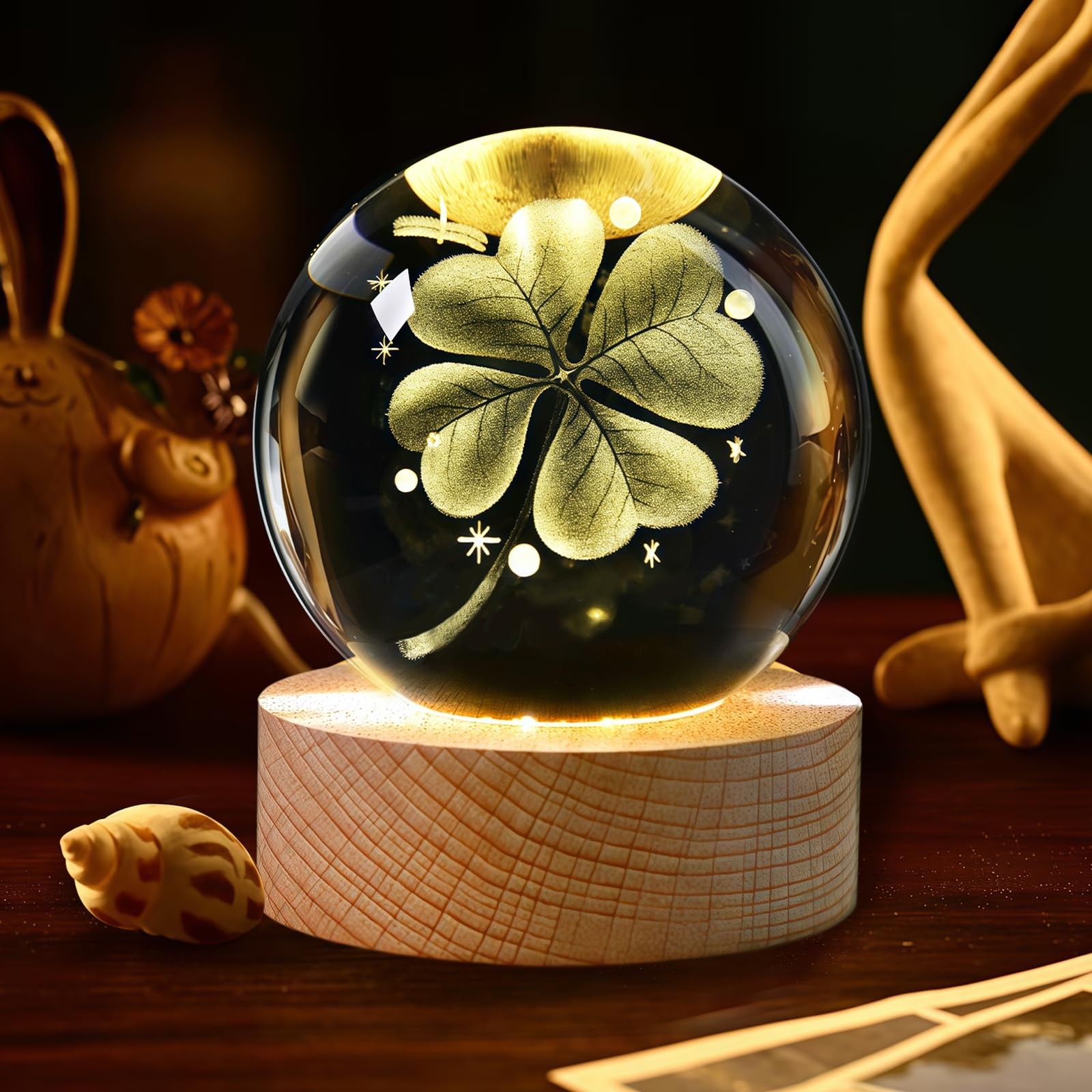 Veilleuse boule de cristal 3D trèfle à 4 feuilles lumineuse en verre de 8cm