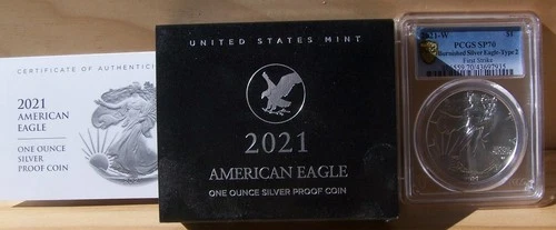 2021 W T2 Burnished American Silver Eagle 1oz PCGS SP70 First Strike W/MINT BOX