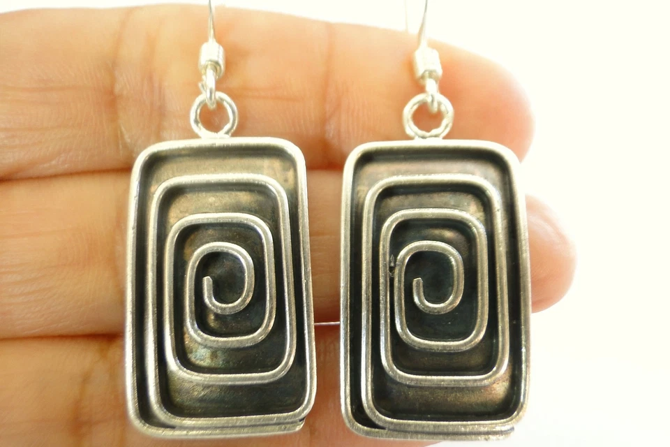 Plain Sterling Silver Earrings Hill Tribe No Stone Oxidized Rectangle 925 - Image 2 of 3