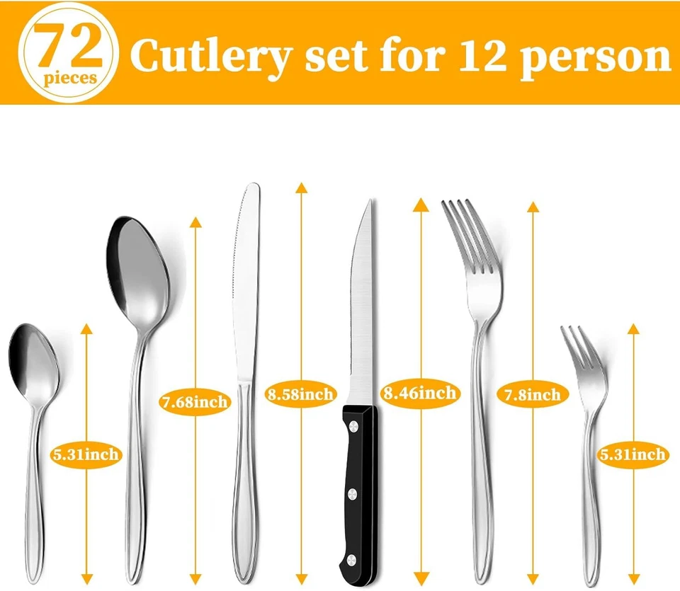 Set Posate, Acciaio Inox 12 Persone, 72 Pezzi, Di Alta Qualità  - Immagine 2 di 4