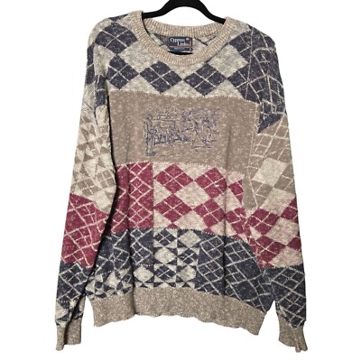 Vintage Men's XXL Novelty 3D Knit Embroidered Golf Sweater Argyle Gray  Maroon Na