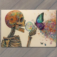 Art Print Skeleton Blowing Bubble Toward Butterfly Cracked Skull Watercolor Styl