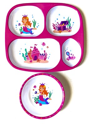 Kids Melamine Melamineware Bowl and Divided Plate Colorful Mermaids Sandcastle