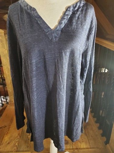 Chicos Top Womens Medium Tunic Shirt Blue Linen Long Slv Top V Neck Lagenlook - Picture 5 of 14