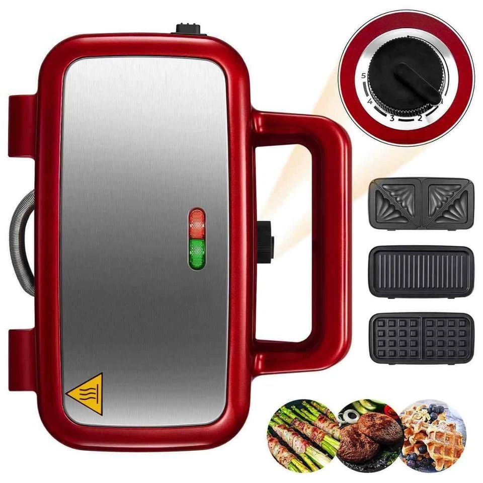 MARKENLOS Paninigrill Waffeleisen Kontaktgrill Sandwichmaker Sandwichtoaster 1200W Rot