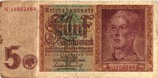 GERMANY 5 Reichsmark 1942 P-186 F+ Banknote