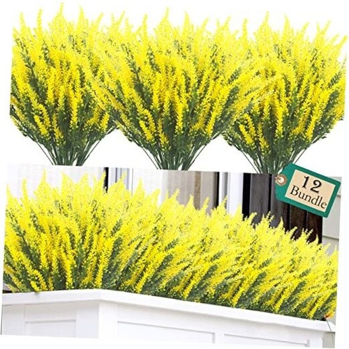 12 Bundles Artificial Lavender Flowers Outdoor UV Resistant Fake Flowers Yellow